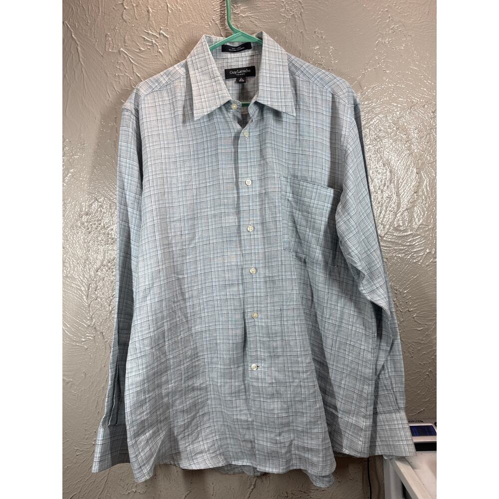 Guy Laroche Homme France Designer Dress Shirt‎ Linen Plaid Mens Size 16.5 34/35